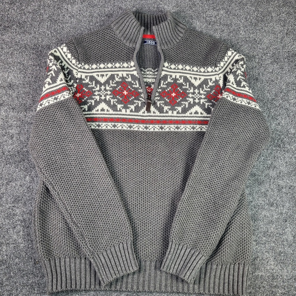 IZOD Mens Gray Fair Isle Nordic Quarter Zip Pullover Sweater Size Medium